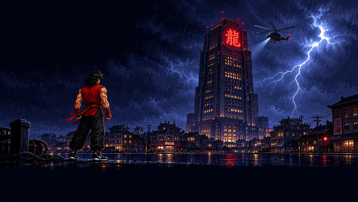 Kai Chen facing a dark tower marked with the dragon sign during a thunderstorm