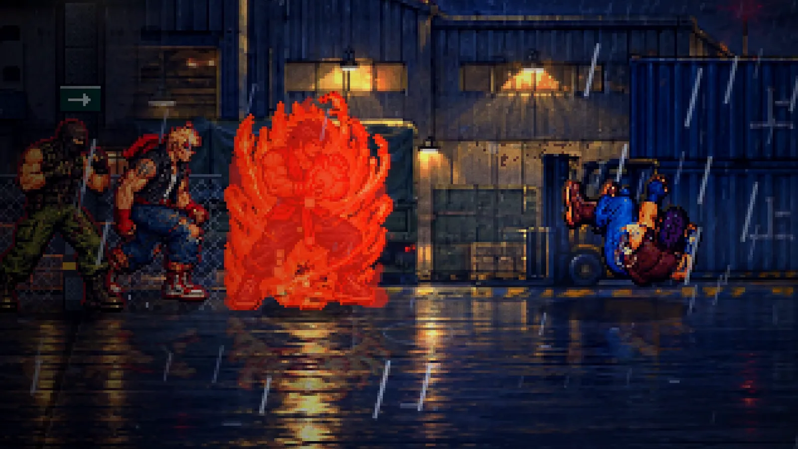 Kai Chen unleashes a fiery special attack in a rainy airport hangar