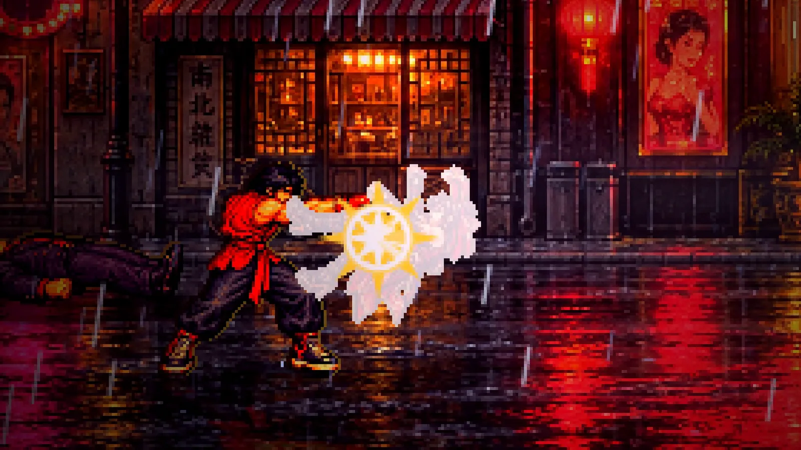 Kai Chen strikes an enemy on a wet street at night