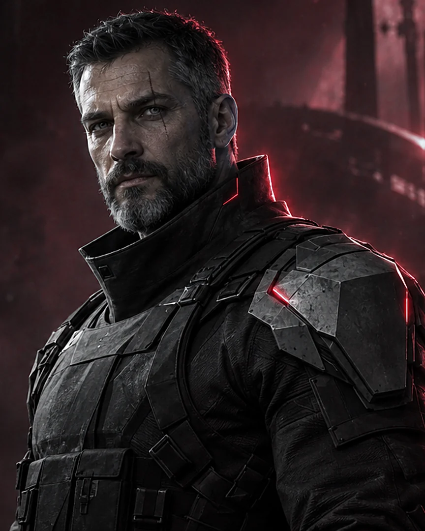 Portrait of the Lone Guardian: grey-streaked beard, a scar through the left eyebrow, high armored collar